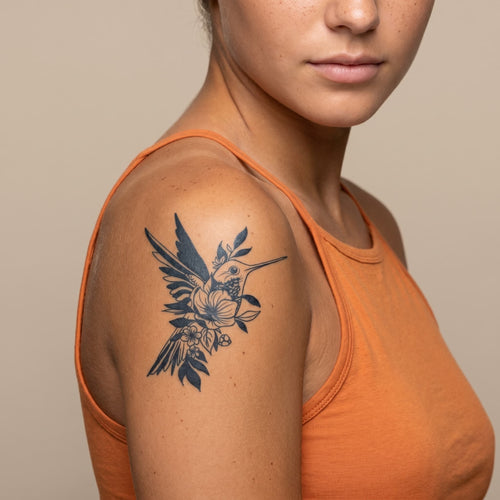 Faux tatouage femme colibri avec fleur tattoo ephemere jagua longue duree et waterproof