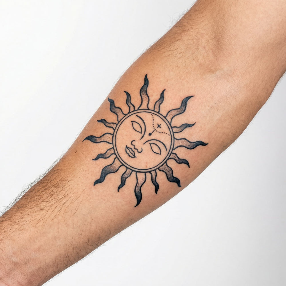 Tatouage homme soleil grand format sur bras