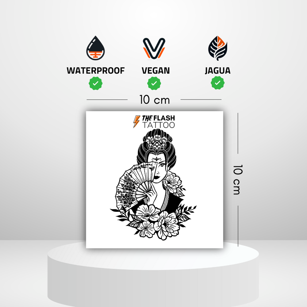 Tatouage ephemere geisha avec éventail grand format realiste pour femme